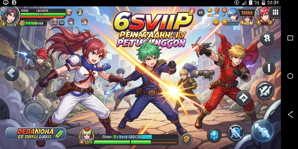 Screenshot gameplay 6SVIP menampilkan karakter anime keren dalam pertempuran.
