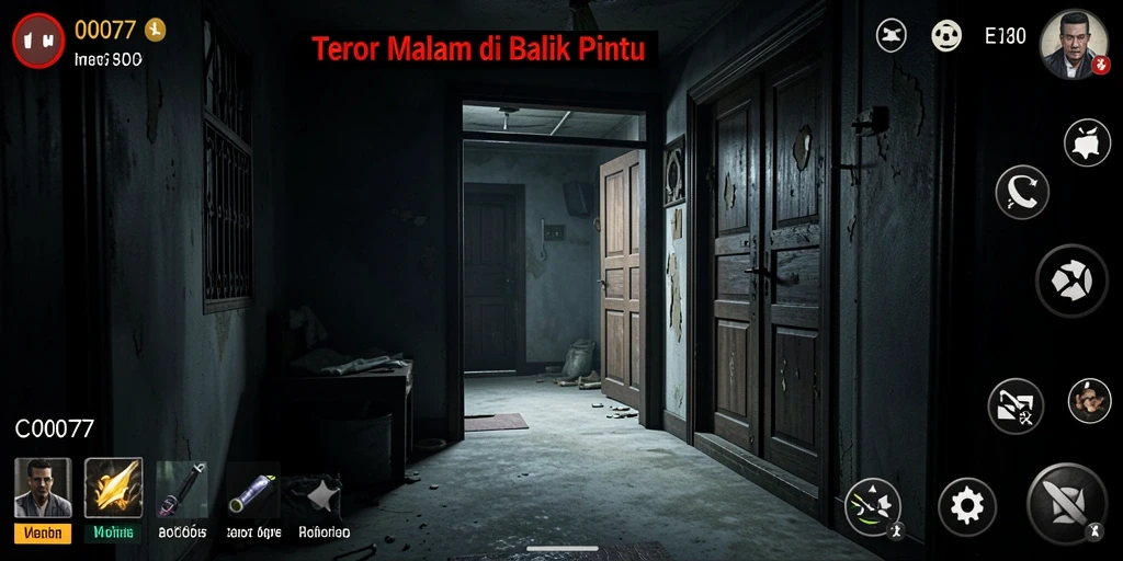 Tangkapan layar gameplay C0077 yang menegangkan di lingkungan gelap.