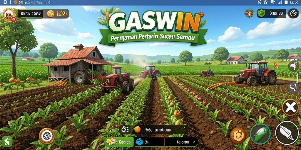 Tampilan gameplay GASWIN dengan kebun yang subur dan hewan ternak yang bahagia.