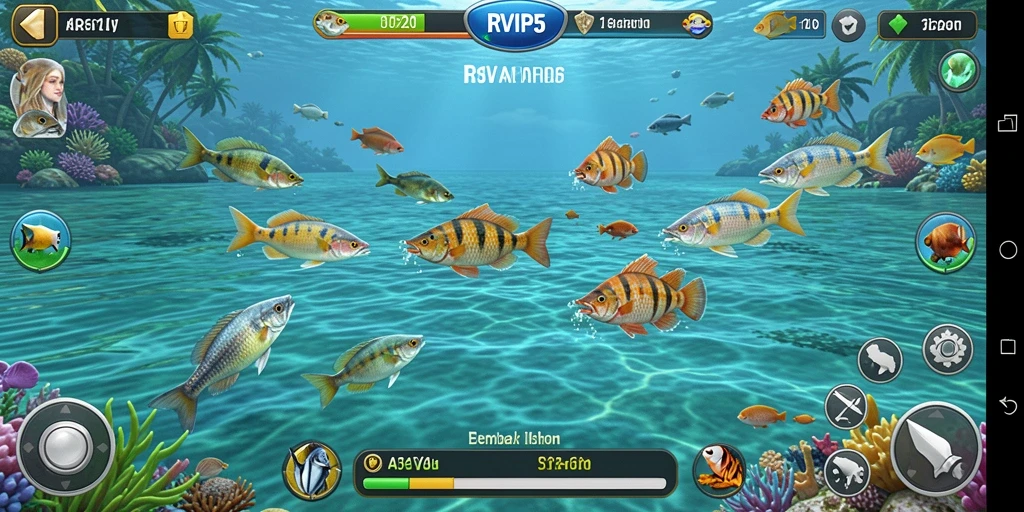 Tampilan gameplay RVIP5 saat berburu ikan di lautan yang memukau.