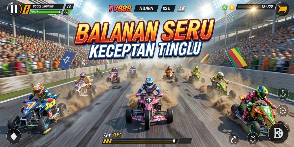 Screenshot gameplay TV888 menunjukkan aksi balap yang mendebarkan dan mobil yang beragam.