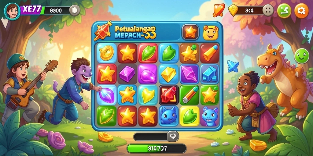 Screenshot XE77 menampilkan gameplay Match-3 yang seru dan berwarna-warni.